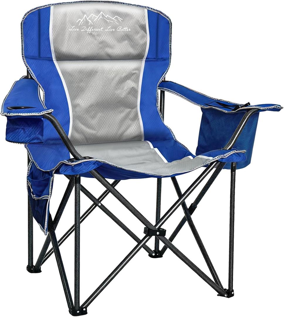 Oversized Camping Chair 500lbs Capacity for Big and Tall, Extra Wide Padded Folding Chair for Heavy People, Heavy Duty Portable Outside Chair with Cooler Bag & Cup Holder, Blue, 1 Pack