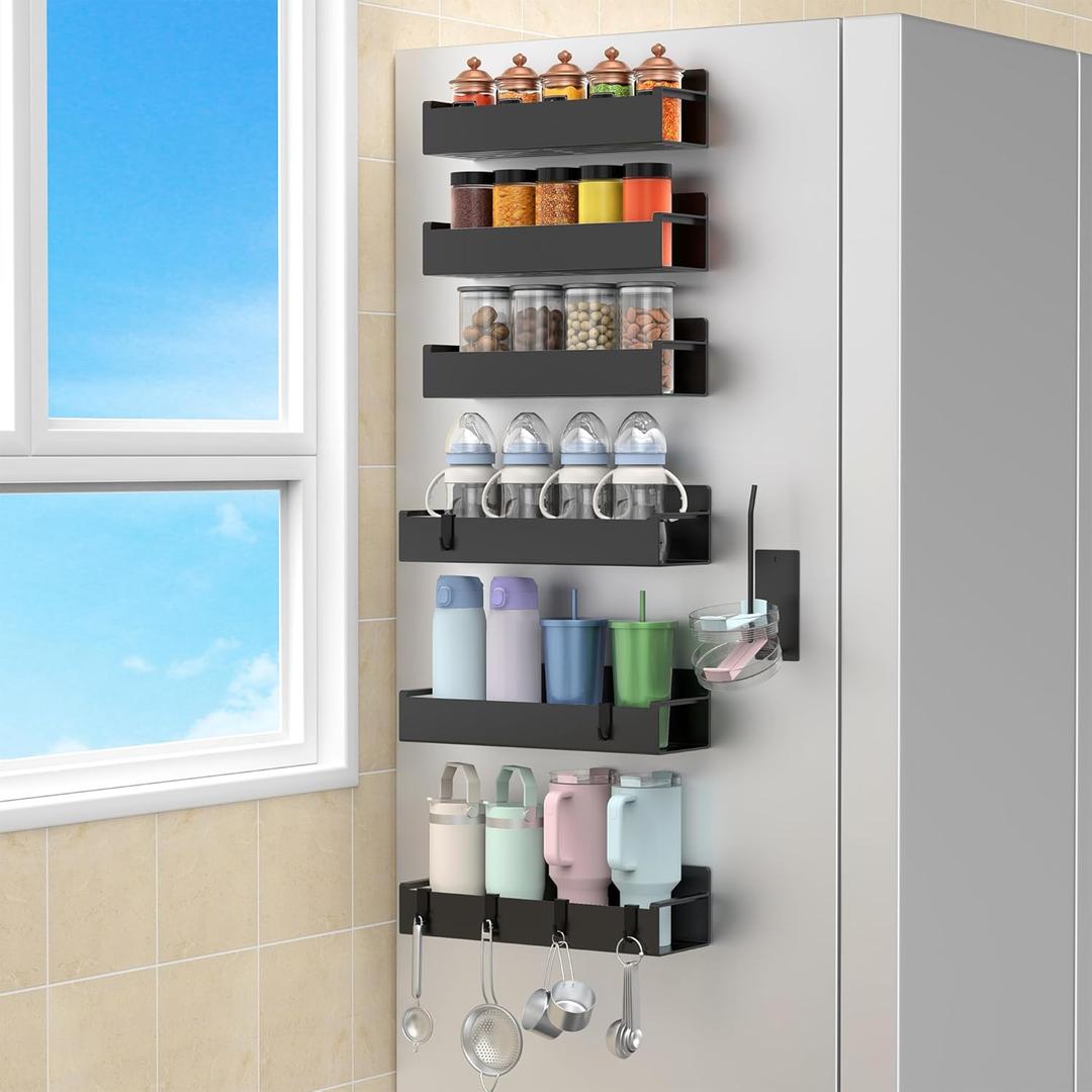 HuggieGems Magnetic Water Bottle Holder for Refrigerator, Cup Holder Organizer for Stanley and Tumbler for Kitchen, 6 Pack, Black