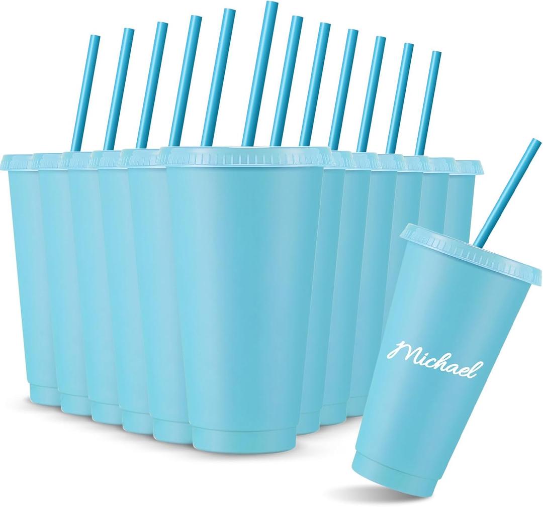 Amyhill 12 Pcs Reusable Cups with Lids and Straws 24 oz Plastic Tumbler Iced Coffee Cup Travel Mug for Smoothie Juices Birthdays Sleepover Party Supplies for Girls (Light Blue)