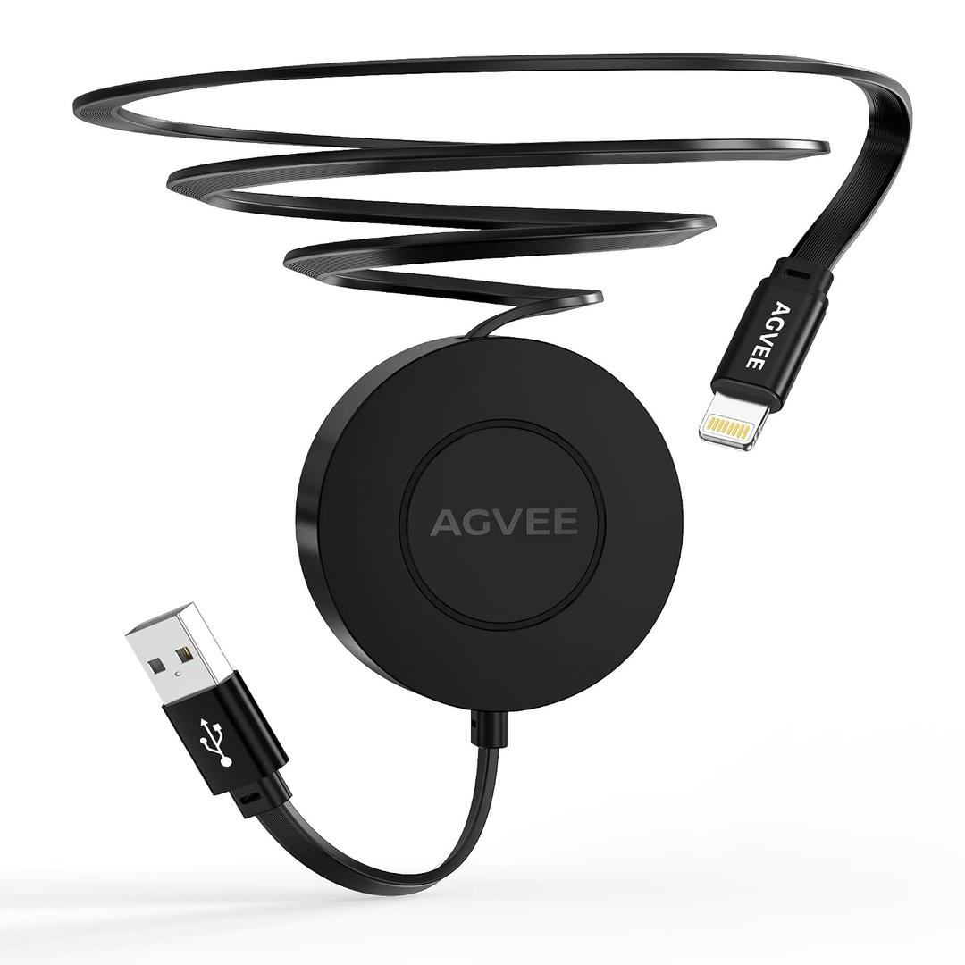 AGVEE 0.3ft Fixed / 3.3ft Extend Single-End Retractable Lightning Cable | Desk-Mounted, Pocket Size, 2.4A Fast Charger Cord for iPhone 14/13/12/11/XS/8/7/6/5, iPad, iPod, Cord Organizer