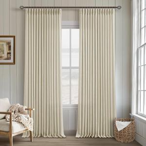 Beige Linen Pinch Pleated 120 Inch Curtains 2 Panels for Living Room Bedroom Memory Training Shape Semi Sheer Neutral Flax Pinch Pleat Drapes with Hooks Rings Light Filtering Window Curtain 40x120
