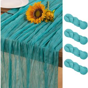 Teal Green Cheesecloth Table Runner 4 Pack Summer Sheer Turquoise Cheese Cloth Table Runners Boho Gauze 120 Inches Blue-Green Summer Table Decor for Wedding Bridal Baby Shower Tea Party