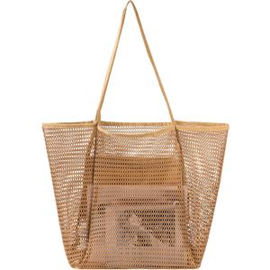 Tavaleu Mesh Beach Bag, Beach Bags for Women, Woven Straw Beach Tote Bag Waterproof with Inner Pocket, Packable Beach Bag (Khaki)