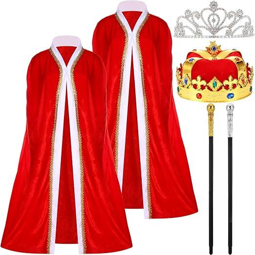 6 Pcs Lord Queen Costume Set Red Emperor and Queen Cape Robe Crown Scepter Medieval Adult Cosplay Costume Set