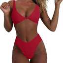 geluboao Bikini Set for Women Solid V Neck Knot Front Push Up High Leg Thong Two Piece Swimsuit (Large, Red)