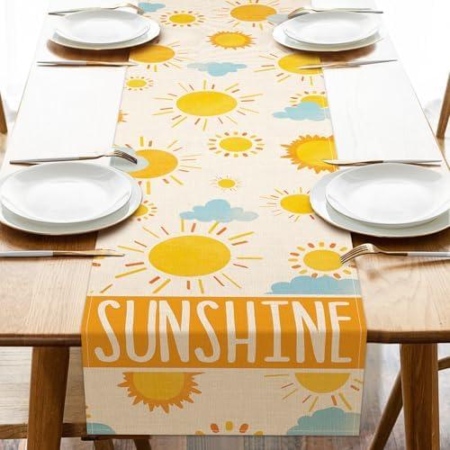 Croar Summer Sun Sunshine Dining Table Runner, Cloud Burlap Kitchen Decoration, Spring Indoor Outdoor Home Decor Party Supply 13 x 90 Inches