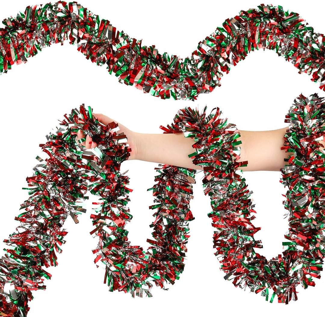 50FT Christmas Tinsel Garland, Red Green&Silver Metallic Twist Shiny Hanging Garland Ornaments for Christmas Tree, Party Supplies Thick Metallic Xmas Streamers