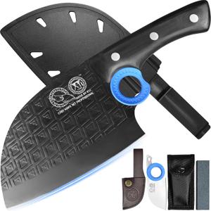 XYJ Authentic Since 1986,Heavy Duty Large Meat Cleaver,Serbian Chef Butcher Knife with Case,Chefs Vegetable Kitchen Knife,Full Tang for Outdoor Camping,Wood Handle with Sheath