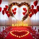 Coume 88 Pcs Valentine Marry Me Lighted Letters Heart Arch Stand Proposal Decoration with 4000 Rose Petals 48 Heart Romantic Candles Balloon Carpet 16ft for Wedding Engagement Night(Red, Gold)