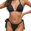 Zonsaoja Women Thong Bikini Side Tie Triangle Two Piece Bathing Suits Halter Knot Swimsuits (Large, Black)