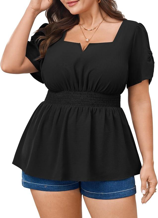 SCOMCHIC Womens Plus Size Tops Square Neck Peplum Blouse Top Short Sleeve Smocked Waist Ruffle Hem Babydoll Tops 4XL