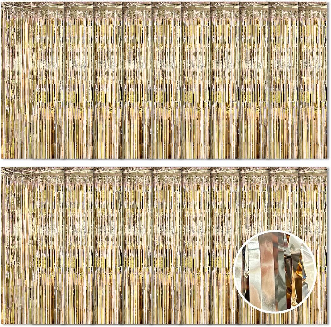 20 Pack Champagne Gold Foil Curtain Backdrop 3.2ft x 8.2ft Foil Fringe Backdrop Curtain Metallic Tinsel Streamer Backdrop Curtains for Birthday Party Decorations Photo Booth (Champagne Gold)