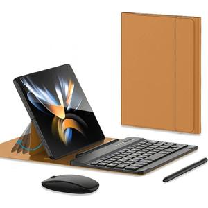 for Samsung Galaxy Z Fold 7 6 5 Keyboard and Mouse, Portable Mini 7.9inch Bluetooth Keyboard with Leather Case and Capacitive Pen, 4 in 1 Set for Z Trifold Fold7 Accessories (Brown)