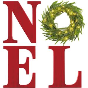 4 Pcs Lighted Christmas Wall Decors Wood Noel Sign with 11.8 Inch Norfolk Pine Wreath Lighted Xmas Vintage Wooden Sign for Xmas Fireplace Living Room Home Door Entryway (Red)
