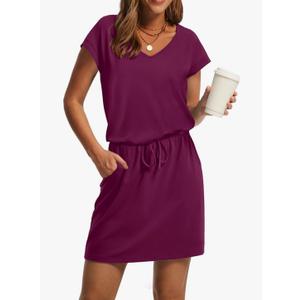 OFEEFAN Summer Dresses for Women 2025 V Neck T Shirt Casual Mini Dresses Tie Waist Sundresses with Pockets, Medium, Purplish Red