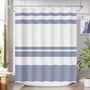 AmazerBath Navy Blue Shower Curtain, Blue and White Striped Bathroom Shower Curtain with 12 Shower Curtain Hooks, Rustic Fabric Blue and White, 72x72 Inches