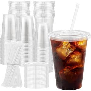 16 oz 100 Pack Plastic Cups with Lids and Straws, Sturdy Food Safe Iced Clear Coffee Cups Disposable Smoothie Cups for Cold Drinks