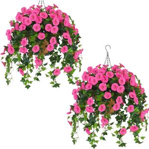 Waipfaru 2 Pack Artificial Hanging Plants Outdoors, Hanging Flowers with Basket for Front Porch Patio Summer Decor (Fuchsia)