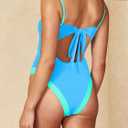 One Piece Swimsuit for Women Tummy Control Square Neck Swimwear Tie Back Bathing Suit (Blue, S)