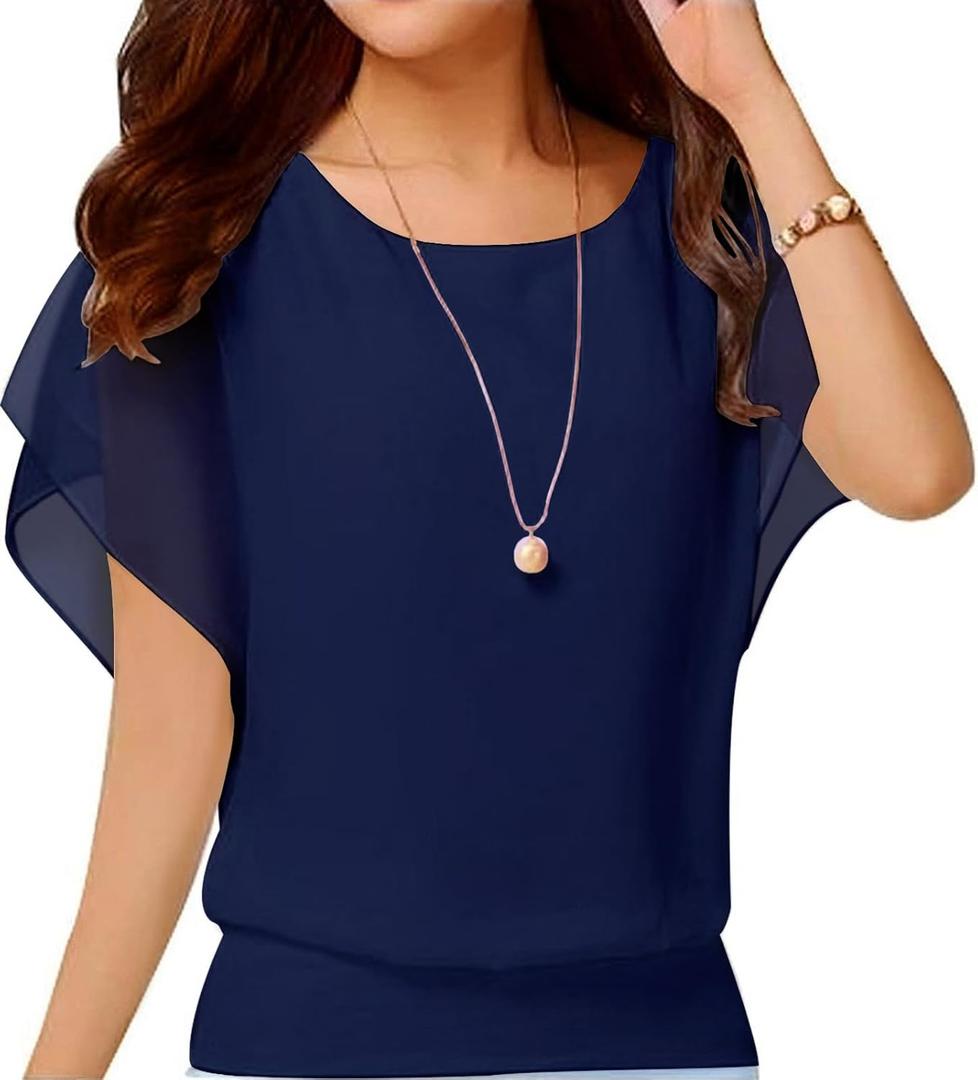 Neineiwu Women's Summer Loose Casual Short Sleeve Chiffon Top T-Shirt Blouse (X-Large, Dark Blue)