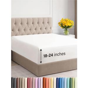 Extra Deep Full Fitted Sheet - Hotel Luxury Single Fitted Sheet Only - Easily Fits 18 inch to 24 inch Mattress - Ultra Soft, Wrinkle Free with Extra Deep Pockets - Breathable & Comfy - Antique White