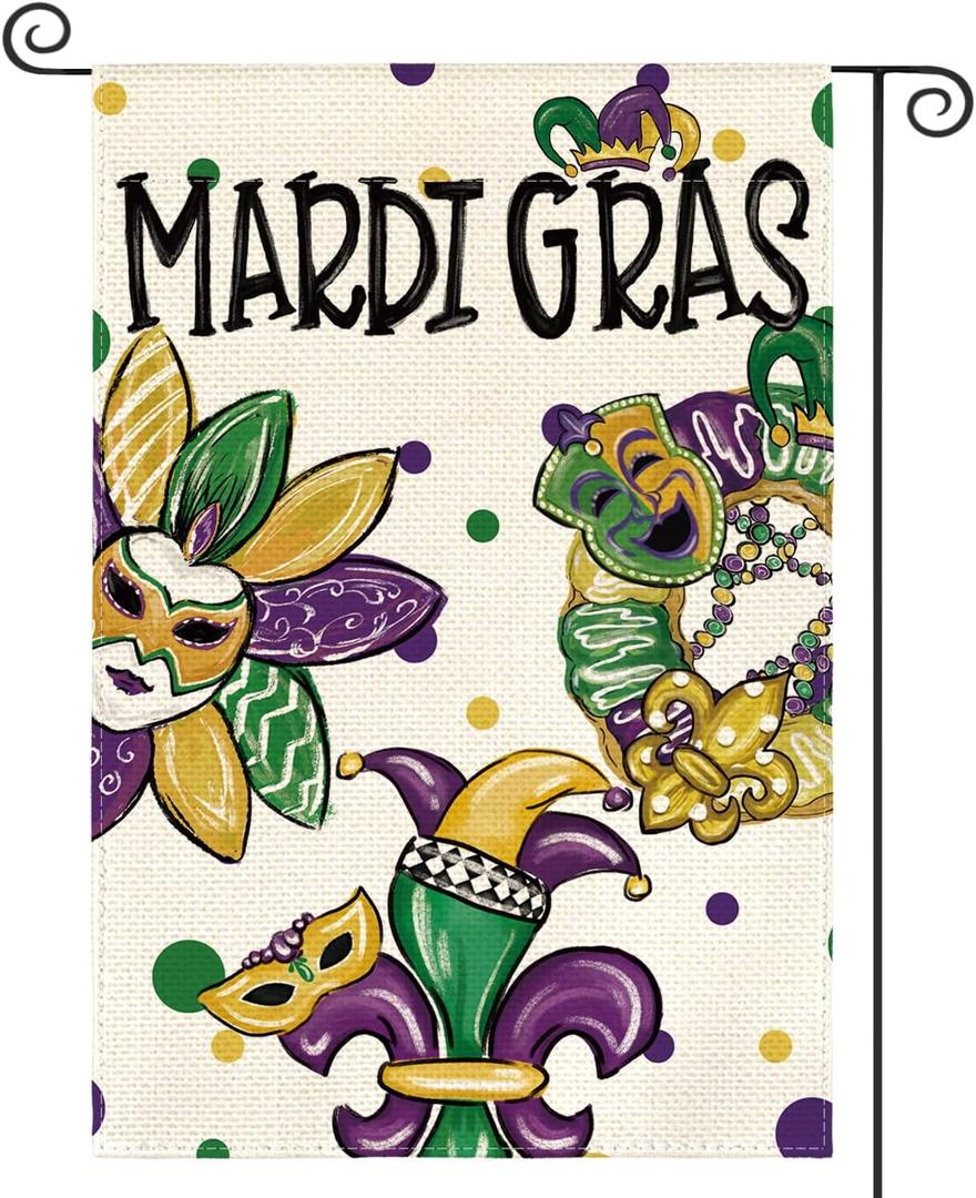 AVOIN colorlife Mardi Gras Garden Flag 12x18 Inch Double Sided Outside, Fleur de Lis Beads Mask Donut Carnival Party Yard Outdoor Flag