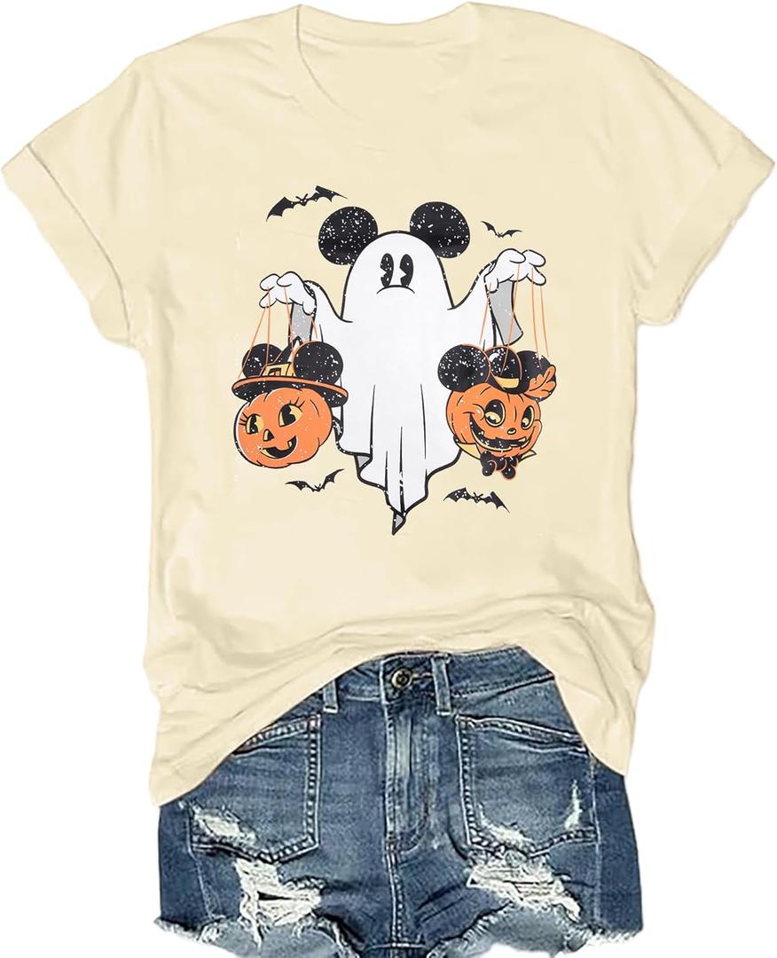 Halloween Shirts Pumpkin Shirt Women: Cute Ghost Shirt Casual Fall Halloween Spooky Season Graphic Short Sleeve Tee Tops (X-Large, Apricot)