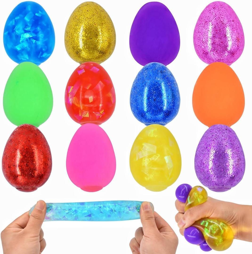 12 Pack Easter Eggs Stress Balls Squishy Toys Easter Basket Stuffers Stress Relief Toys Squeeze Balls for Kids Boys Girls Toddlers Easter Egg Hunt Easter Basket Stuffers Party Favors Gifts