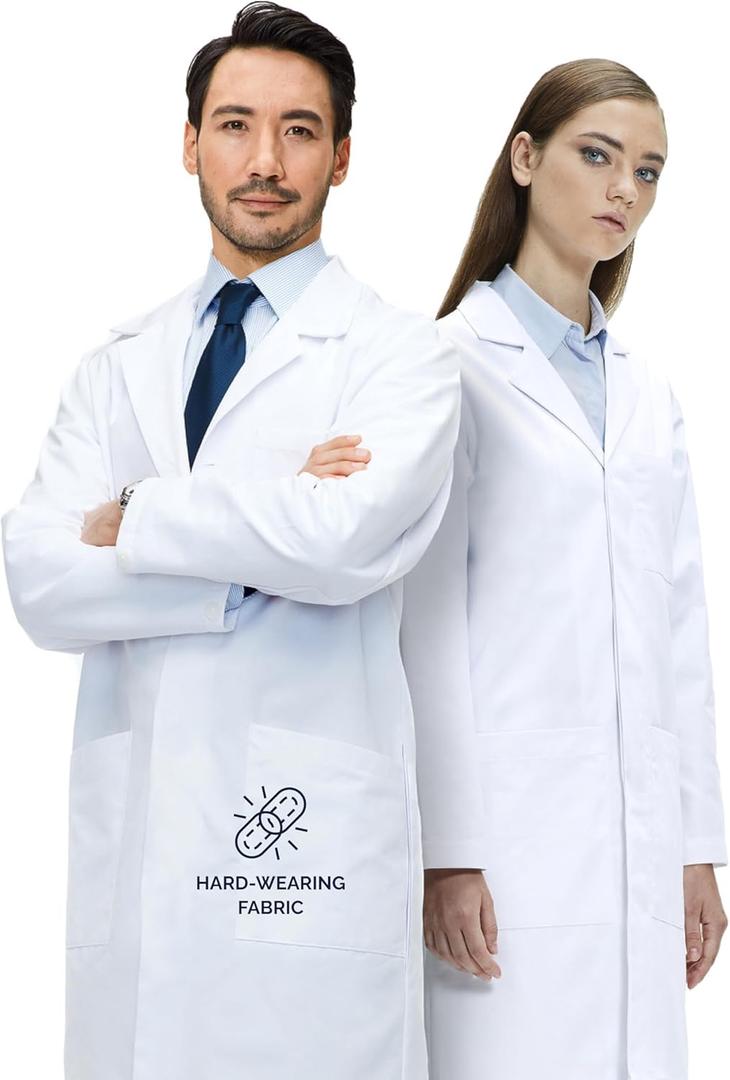 Professional Unisex 100% Cotton Lab Coat for Men and Women, Multiple Pockets, Classic Fit, Snap Closing, 40" Length (Small)