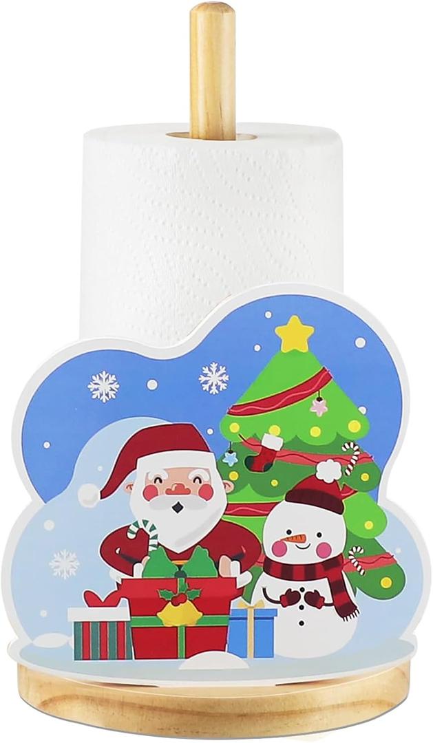 2 x Christmas Paper Towel Holder, Wooden Standing Kitchen Towel Holder with Santa & Snowman Design, Festive Holiday Decor for Kitchen, Bathroom, Dining Table  Indoor Winter Christmas Decoration