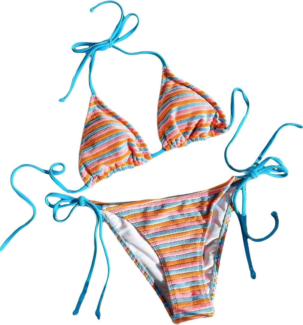 Falainetee Women's Striped Knot Bathing Suit High Waisted Halter Triangle Swimsuit Bikini Set Blue XS