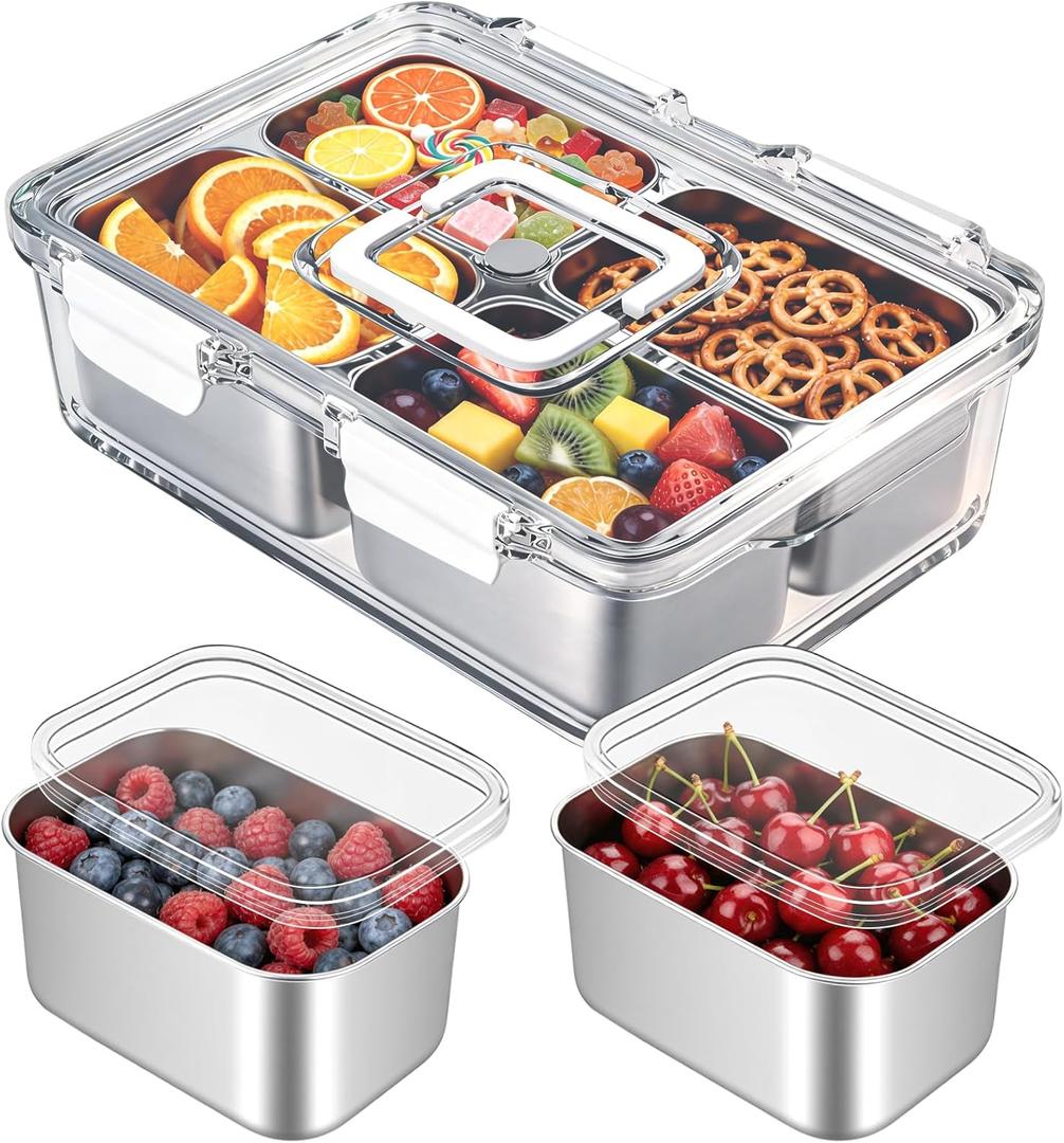 Freshmage Snackle Box Container, Stainless Steel Divided Serving Snack Tray with Lid and Handle, 4 Compartment Portable Snack Platters for Road Trip, Beach, Picnic, Ball Games, Pool and Parties
