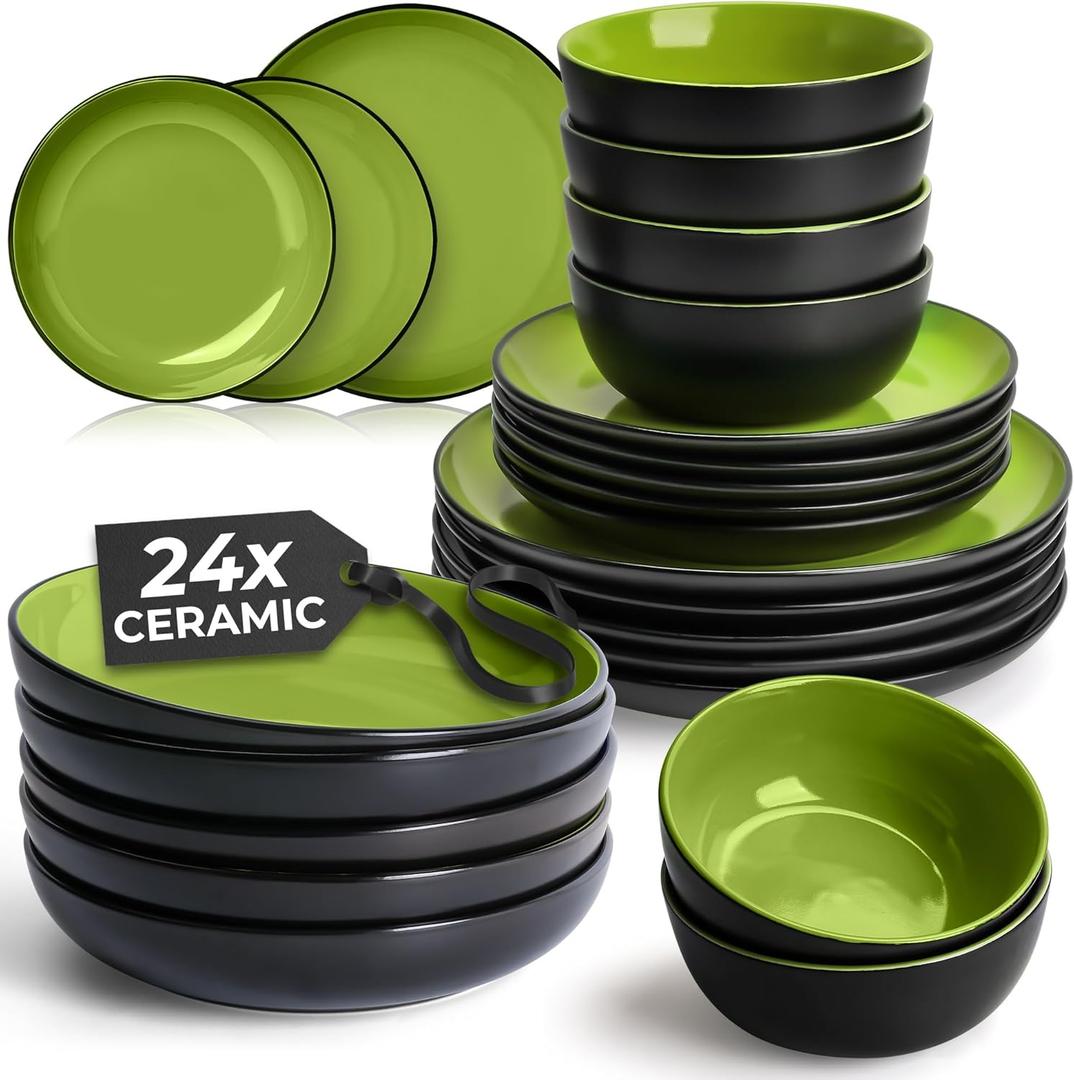 MIAMIO  Service for 6 Dishware Set/Stoneware Dinnerware Set  Including Plates, Bowls and Mugs  Microwave & Dishwasher Safe  Le PaPillon Collection (Green, 24-Pieces)