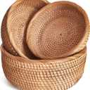 Rattan Fruit Basket for Kitchen Counter, Natural Wicker Bread Basket for Serving, Hand Woven Food Baskets, Decorative Bread Baskets for Serving, Fruits, Snacks, Candies, Nuts, Keys, Etc.(Round-Combo)