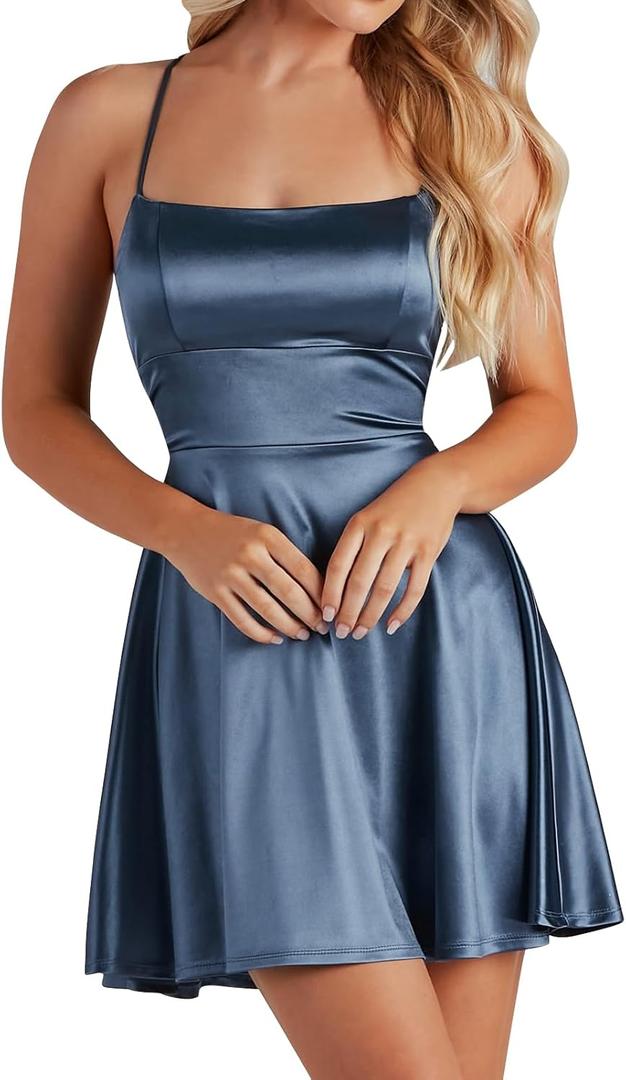 ODIZLI Women's Satin Square Neck Spaghetti Straps Tie Back Ruffle Mini Dress Party Dress (Small, Navy Blue)