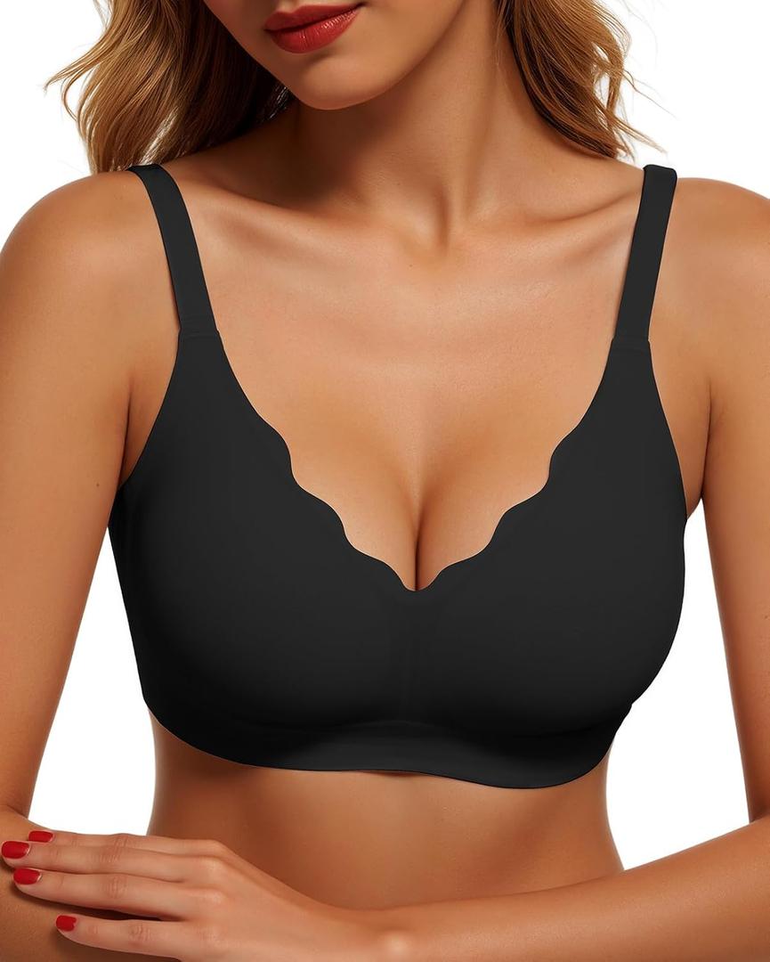 Womens Wireless Bras Push Up Bralette Supportive Everyday Bras Seamless Full Coverage Comfort T-Shirt Bra (Black, L)