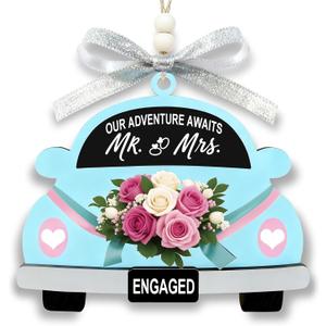 6 x Valentines Day Engagement Gift for Couples  Our Adventure Awaits Wooden Car Hanging Ornament, Just Engaged Keepsake for Future Mr & Mrs, Romantic Bride to Be Gift (Blue)
