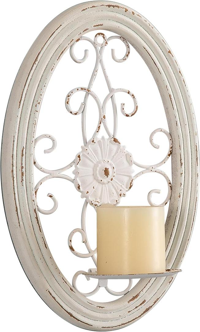SOFE Rustic Oval Pillar Candle Wall Sconce - Distressed White Wall Candle Holder - Unique Metal Metal Wall Sconce - Scrollwork Wall Decor for Living Room, Bedroom, Entryway