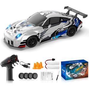 RC Drift Car 1:24 2.4GHz Remote Control Cars 4WD High Speed with LED Lights RC Cars, Two Batteries Drifting Tires Sport Race Car Toys for Kids Adults Boys Girls, White