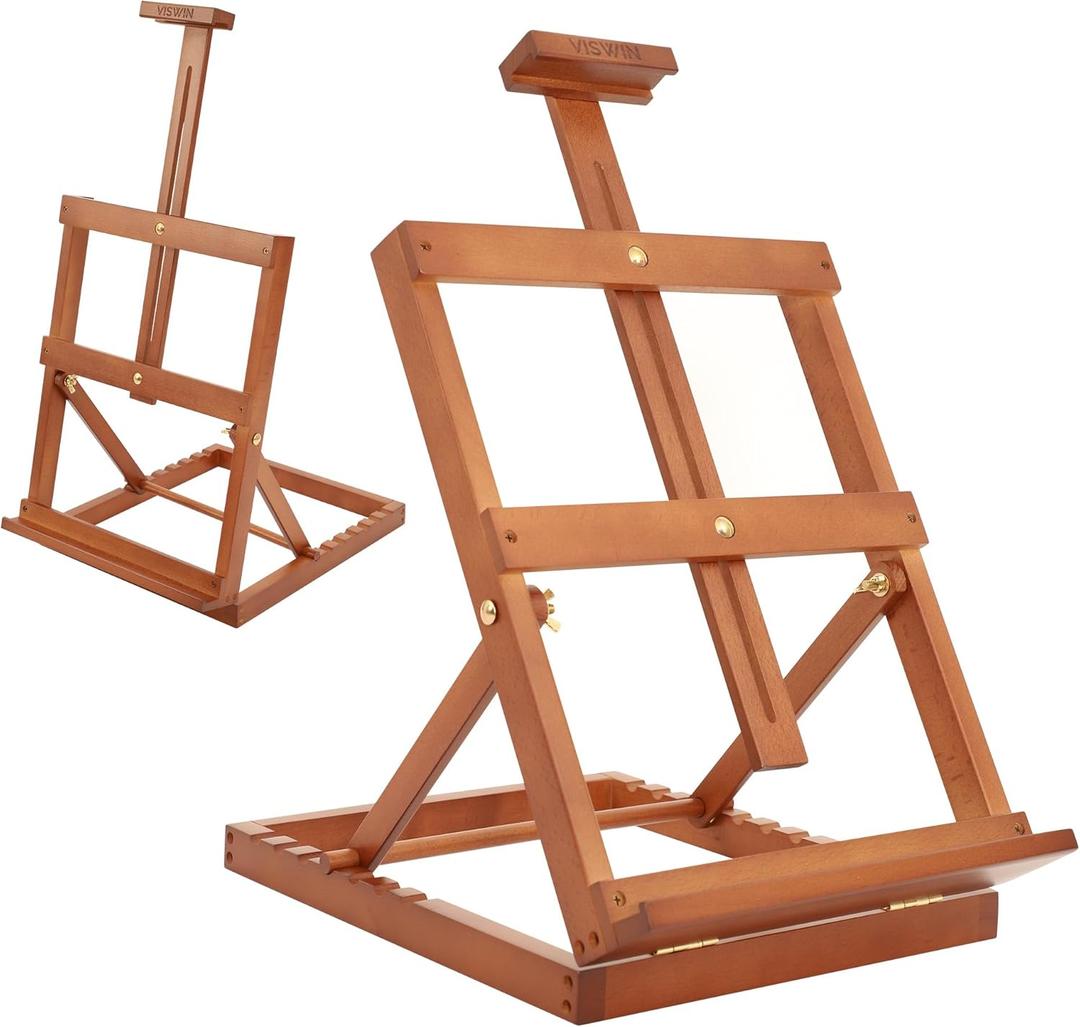VISWIN Heavy-Duty H-Frame Tabletop Wooden Easel, Hold Canvas up to 23, Adjustable Beech Wood Artist Desktop Easel for Painting Canvas, Adults, Beginners (Walnut)