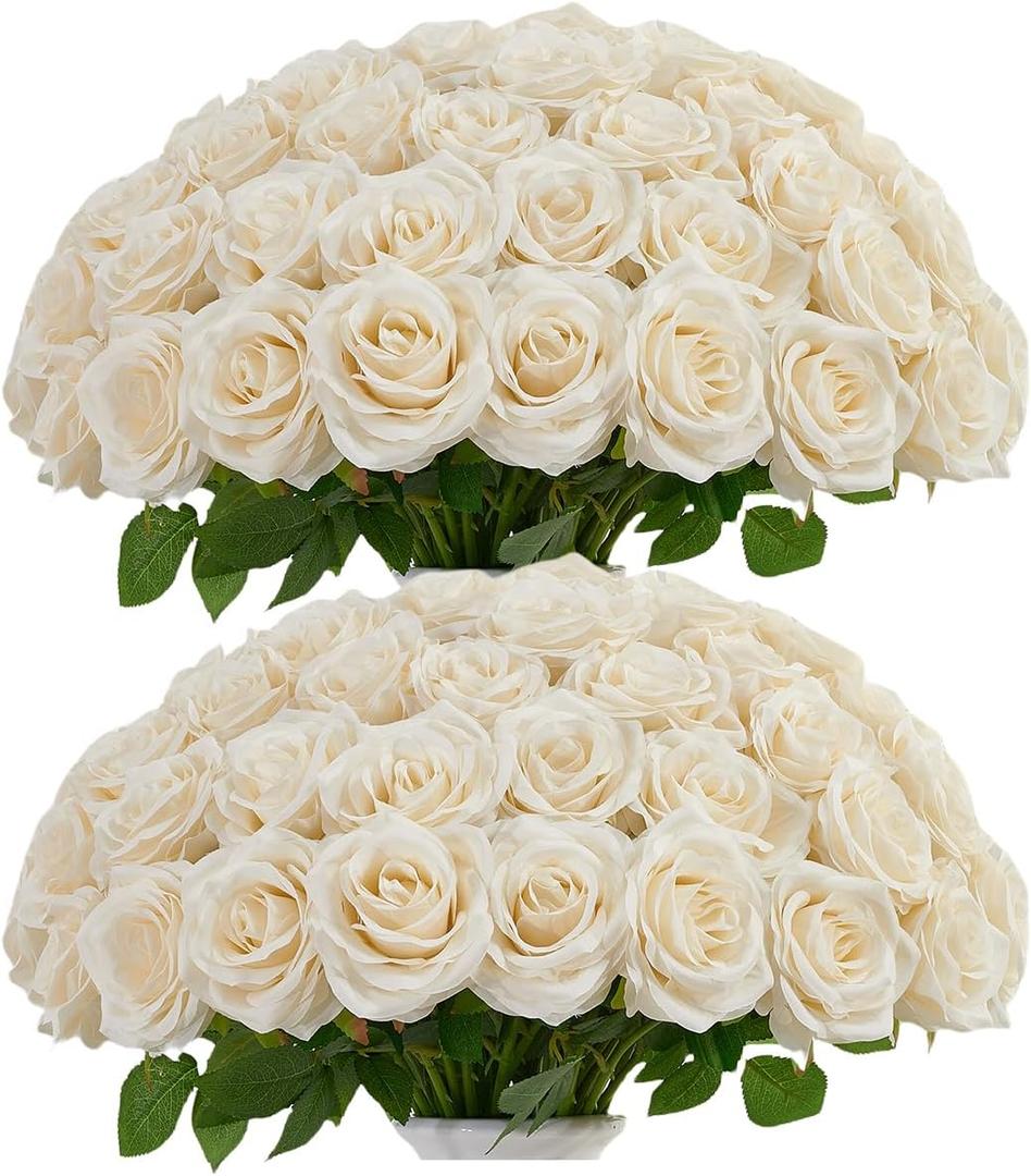 50pcs Ivory Roses Artificial Flowers Bulk,Fake Roses Silk Flower with Stems Realistic Flowers for Wedding Centerpiece Home Party Decor