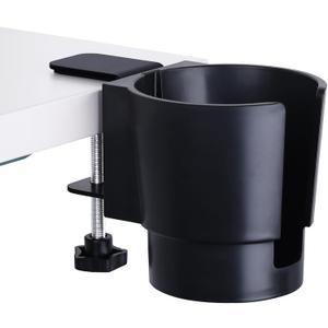 Universal Large Desk Cup Holder Clamp on, Heavy Duty Plastic Drink Holder for Table, Porch Swing, Patio Chair, Clip On Anti-Spill Bottle Holder for Most Cups, Bottles, Cans, Tumbles, Black, Pack of 1