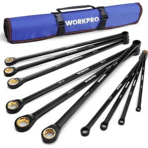 WORKPRO Extra Long Ratcheting Wrench Set, 10-Piece Anti-Slip Double Box Wrenches Set, Metric 8-19 mm, 72-Teeth, Cr-V Steel and Black Electrophoretic Coating Wrenches with Rolling Pouch