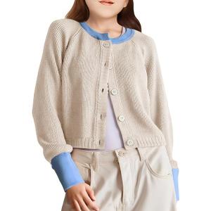 Girls Cardigan Sweater Kids Color Block School Uniforms Button Down Long Sleeve Knit Tops Tweens Winter Clothes Apricot, Size 9-10 years (140)