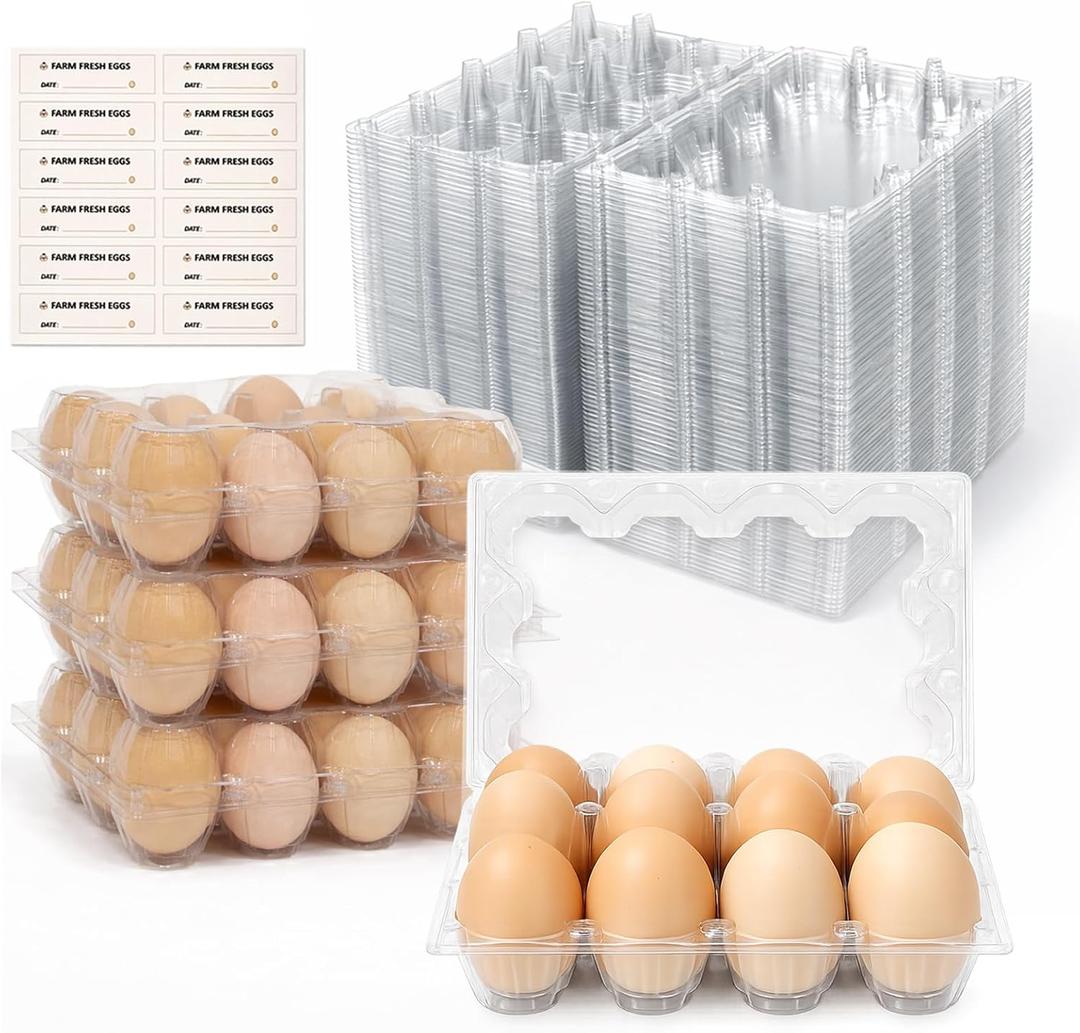 WIKDAY Egg Cartons Cheap Bulk 100 Pack 12 Count Plastic Clear Dozen Reusable Empty Egg Containers for Chicken Eggs Storage with Date Tracking Stickers