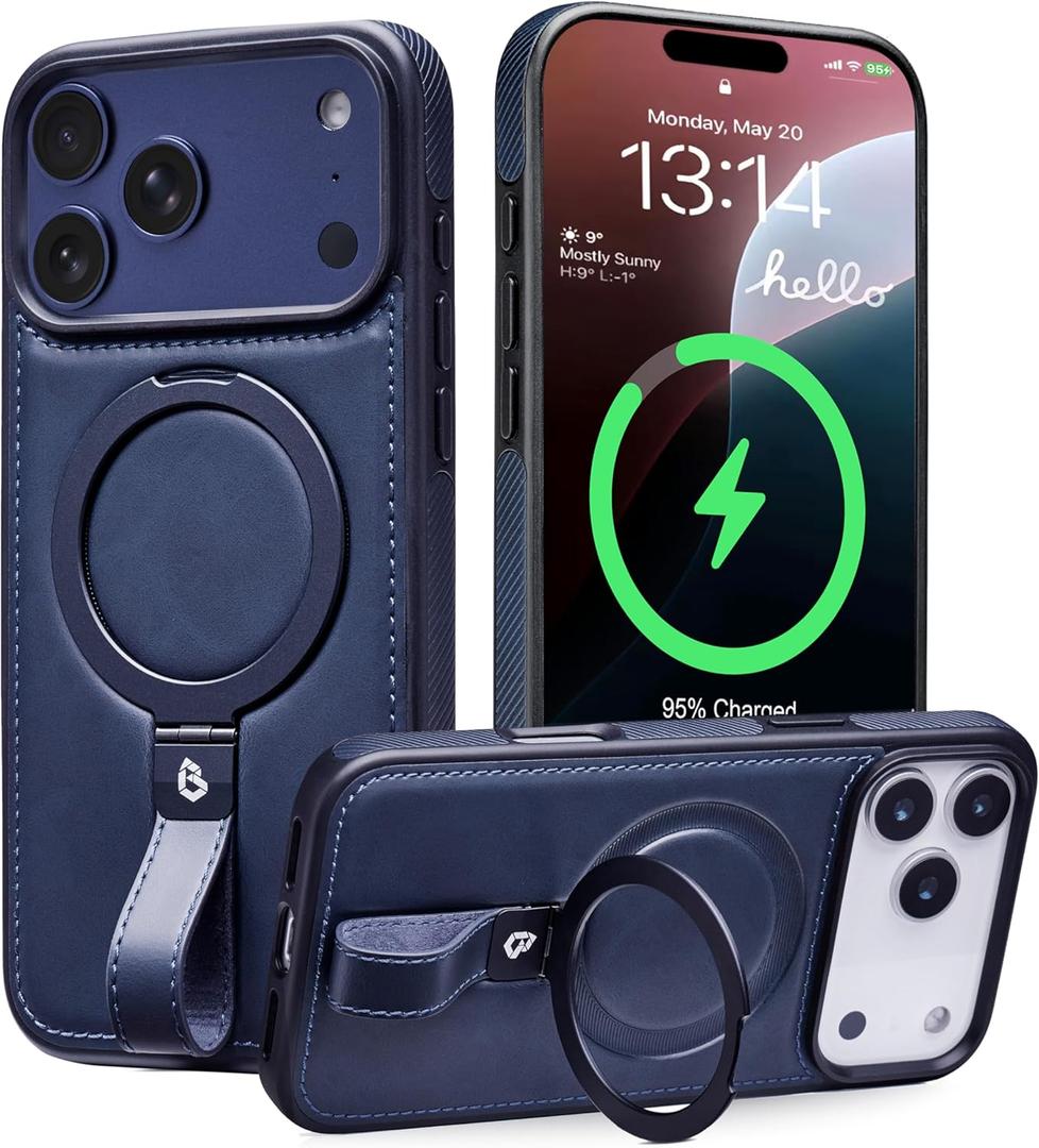 Butaiga for iPhone 17 Pro Leather Case with Stand, Anti-Slip Grip Ring, Fits for MagSafe (Blue, iPhone 17 Pro)