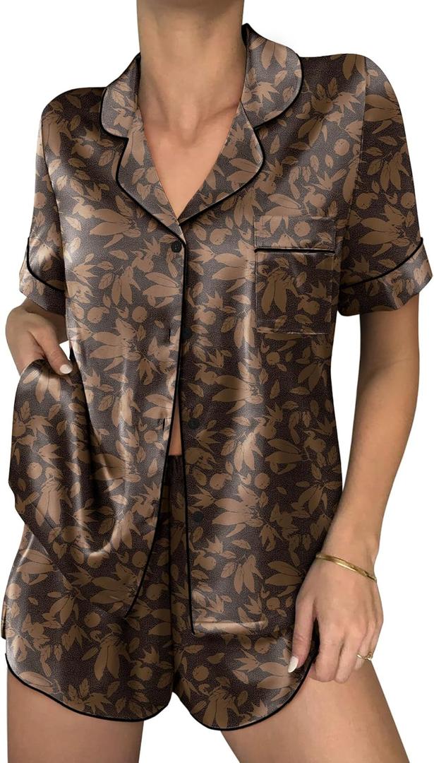 Ekouaer Womens Silk Satin Pajama Sets 2 Piece Button Down Silk Pjs Shorts Sets Short Sleeve Loungewear Soft Sleepwear S-XXL (Brown, L)