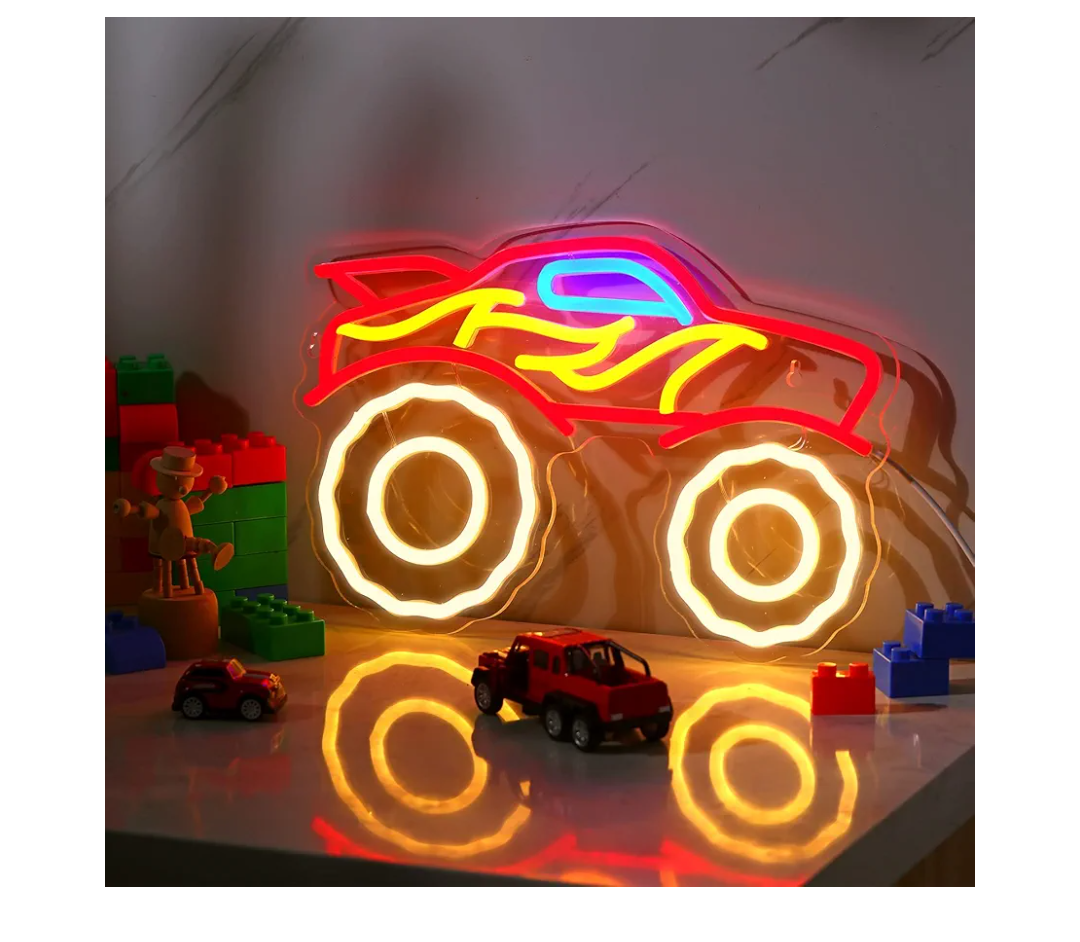 Riakrum Monster Neon Truck Sign Room Decor for Boys Truck Lamp LED Neon Night Light USB Powered Wall Decor for Kids Boys Playroom