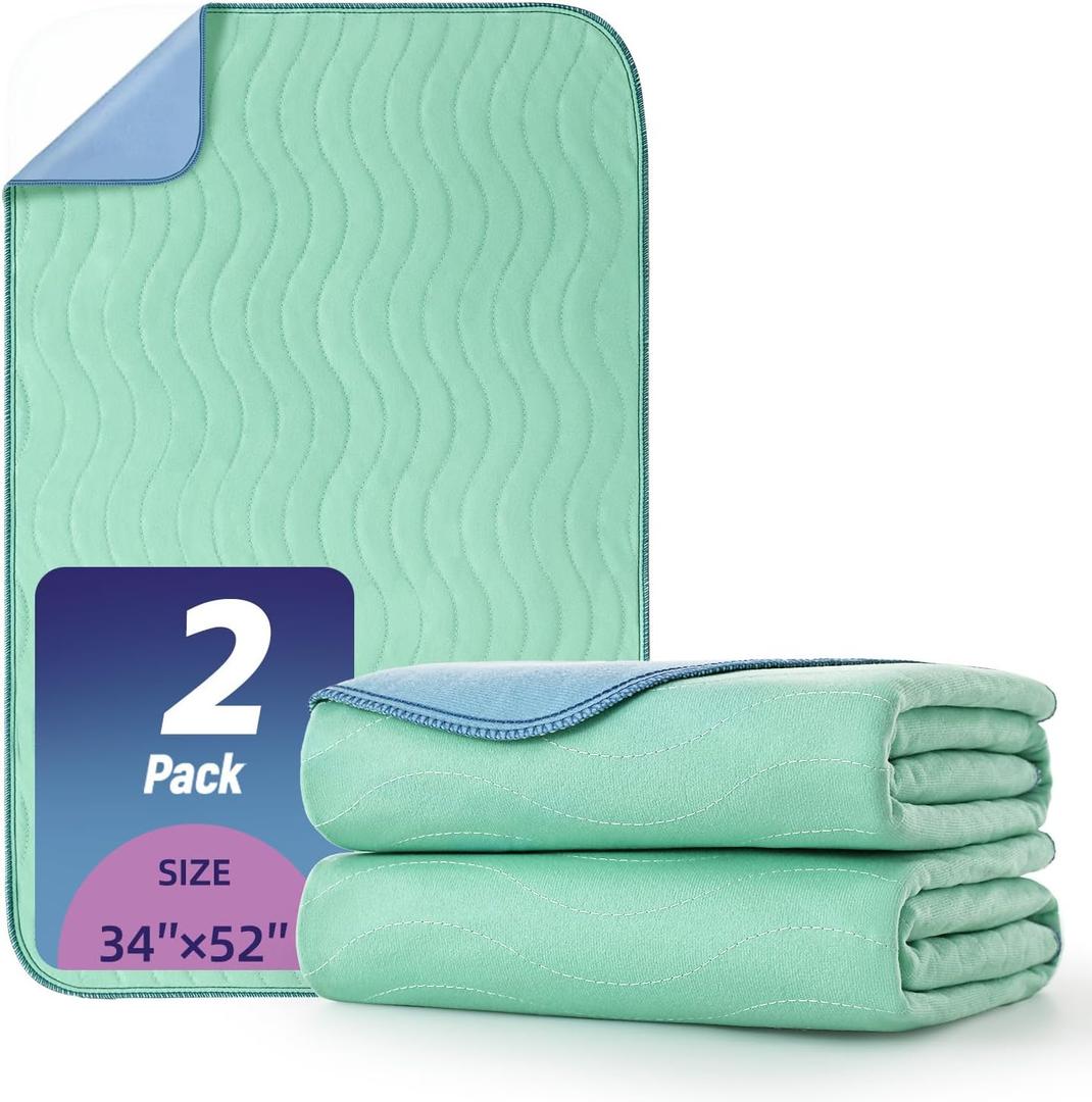 Pee Pads for Adults, Kids and Pets, Cotton-Like Surface, Machine Washable, 100% Leak Prevention with Waterproof TPU Layer (2 Pack, 34*52 inch)