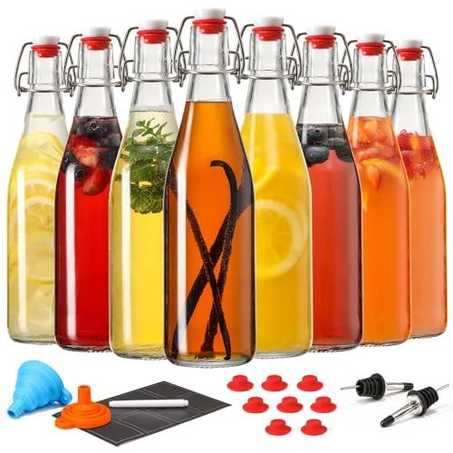 6Set 16 OZ Swing Top Glass Bottles - Flip Top Beer Brewing Bottles with Stopper for Fermentation, Kombucha, Mead Kefir, Vanilla Extract, Juice, Tea, Soda - Airtight Cap Lids, Bonus 2 Pourers
